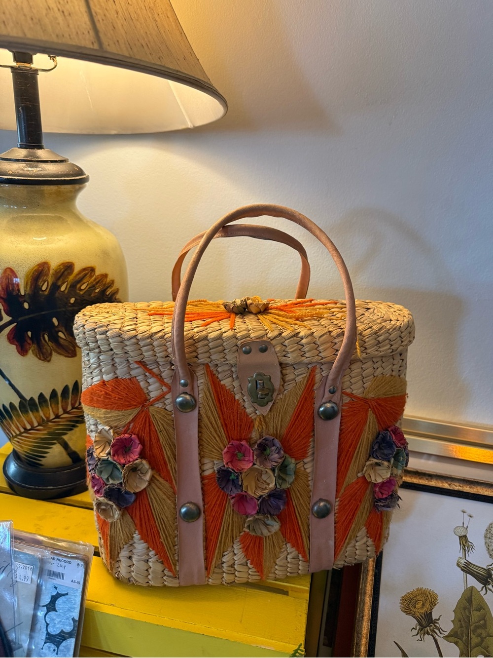VTG Large Basket Purse Woven Straw Tote with Orange Floral Embroidery - Picture 2 of 6